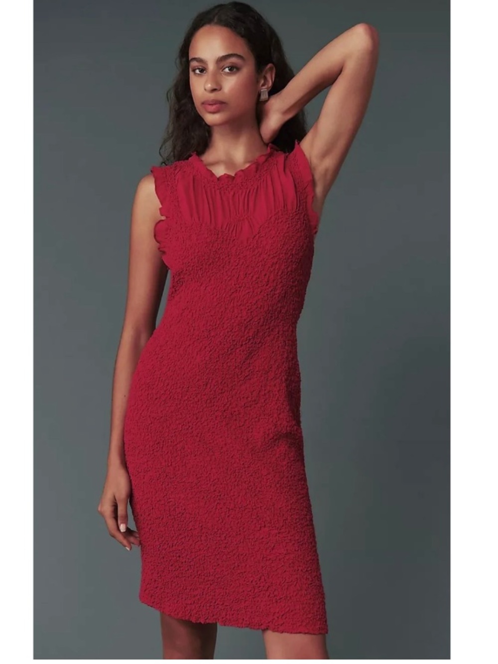 Anthropologie Mock Neck Ruched Textured Stretch Sheath Mini Dress Red Large